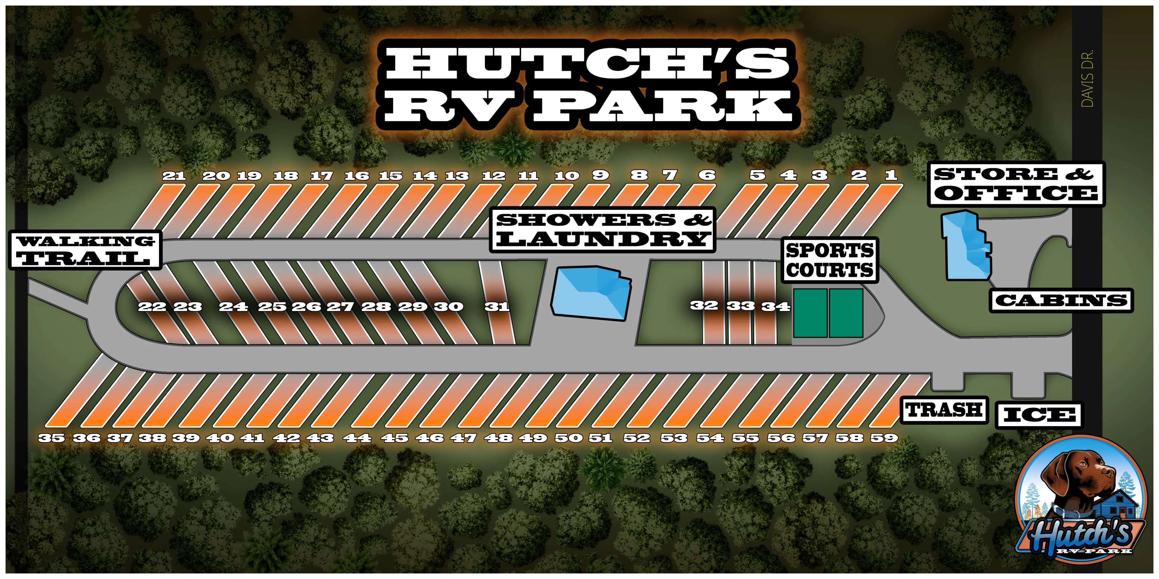 Aerial view of Hutch's RV Park campground